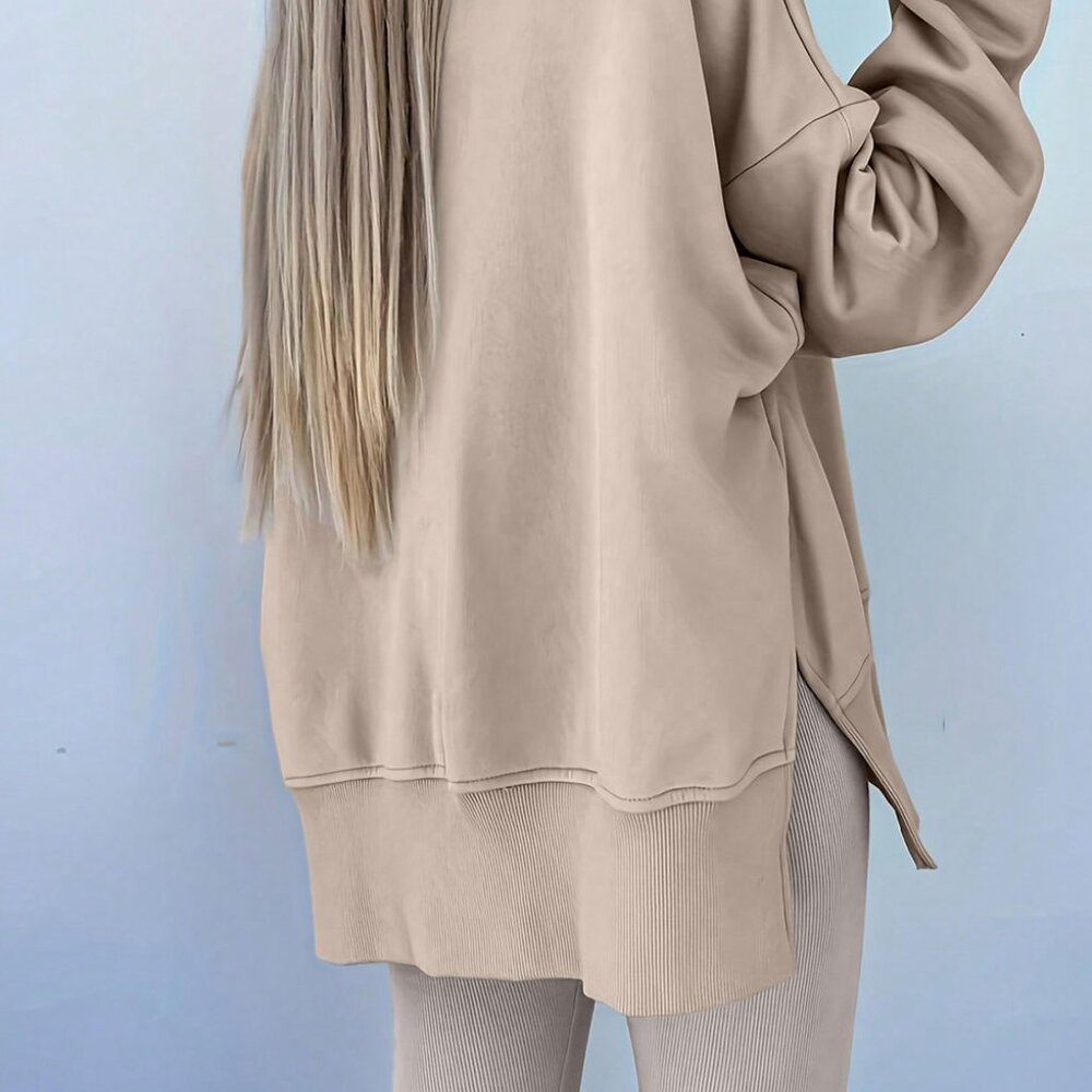 B326 Tan Solid Color Oversize Slit Sweatshirt and Ribbed Leggings 2 pc Set - Picture 3 of 5
